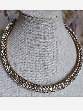 Vintage Coiled Spiral Chain Collar Bib Necklace Brass Tone Clear Rhinestones EUC